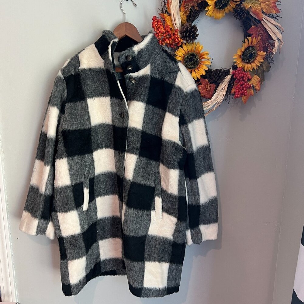 Marine Layer Stephanie Cocoon Coat Extra Large Black White Buffalo